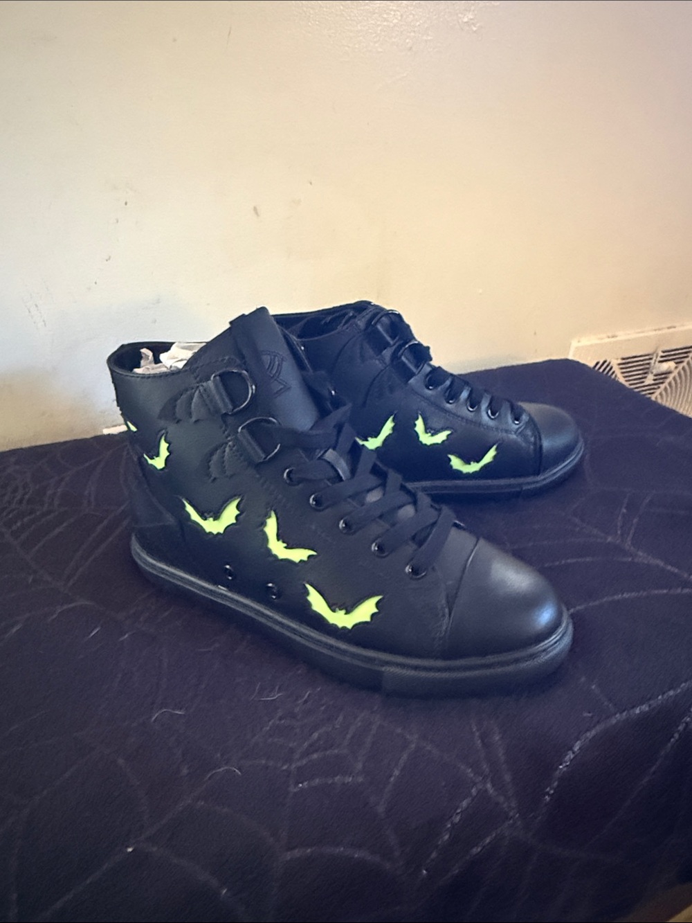BRAND NEW NEVER WORN Black High-Top Sneakers with Green Bat Accents